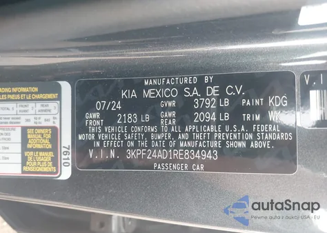 2024 Kia Forte Lxs z USA, uszkodzony, nr VIN 3KPF24AD1RE834943